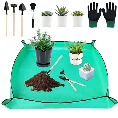 Image de Mis.Moon 2 Pcs Tapis de Jardinage, 100 x 100cm Rempotage Imperméable en PE avec Ceinture végétale 10m 10mm, Toile Travail pour Le Repiquage Plantes