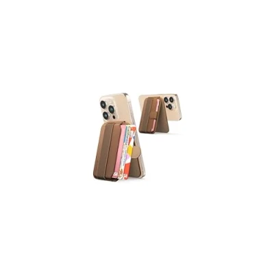 Image de Sinjimoru Pull &amp; Eject Magnetic Card Holder, Phone Wallet for Magsafe with Kickstand Compatible iPhone 15 14 13 12 Series. M Tab Stand Marron