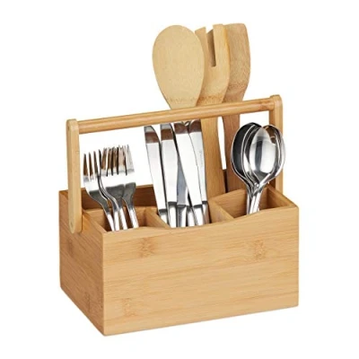 Image de relaxdays Porte ustensiles de cuisine bambou, 4 compartiments, avec poignée, range couverts, serviettes table, nature