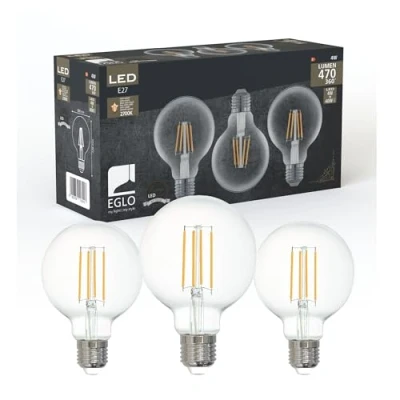 Image de Eglo Lot de 3 ampoules LED E27, ampoule filament vintage claire, 4 watts chacune, globe, lumière blanc chaud, 2700 K, 470 lumens, rétro G80, Ø 8 cm