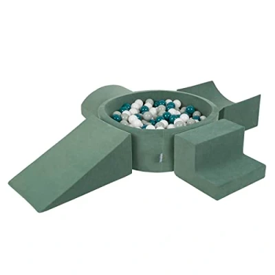 Image de KiddyMoon Velvet Aire De Jeux en Mousse avec Rond Piscine À Balles pour Enfants (200 Balles), Vert Forêt: Turquoise Foncé/Gris Vert/Blanc/Vert Clair