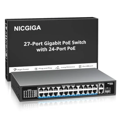 Image de NICGIGA 24 Port Gigabit PoE Switch with PoE+@300W, 2 Uplink Port, 1 SFP, Sturdy Metal for Desktop/Rack Mount, Plug and Play, Unmanaged Power Over Ethernet Switch.