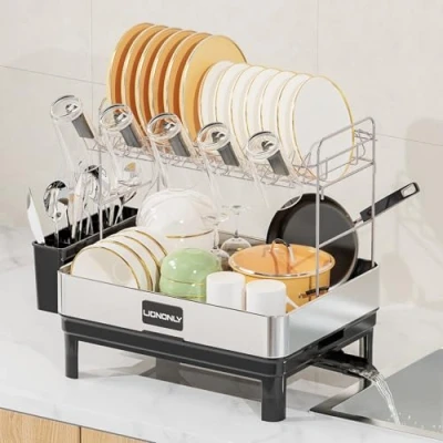 Image de LIONONLY Égouttoir à Vaisselle 2 Niveaux, Acier Inoxydable 304 Sécher la Vaisselle, de Cuisine avec Porte Gobelets et Ustensiles Buse Rotative,Egouttoir sur Evier