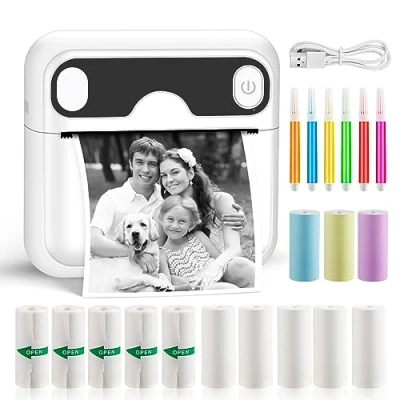 Image de GuKKK Portable, Mini Imprimante Thermique Instantané sans Fil BT Mobile, pour Liste d&#039;étiquettes, Photo, Reçu, Mémos