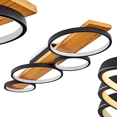 Image de plafonnier LED Rodekro, à intensité variable en métal/bois noir/naturel, variable, luminaire avec poutre bois, 1 x 44 watts, 3000 K, 5100 lumens