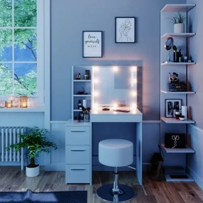 Image de Vicco Coiffeuse Meryl, Blanc, 80 cm avec éclairage LED et Tabouret