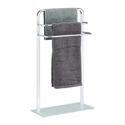 Image de Relaxdays, blanc Porte 3 barres, métal chromé, support serviettes design moderne, HxlxP 80x45x20 cm, argenté, verre, 80 x 45 20 cm