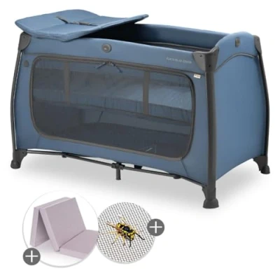 Image de Hauck Lot Lit Parapluie Bebe avec Matelas Play N Relax 120x60 cm Moustiquaire, 2 Niveaux, Table à Langer, Ouverture Latéral et Sac de Transport Bleu Foncé
