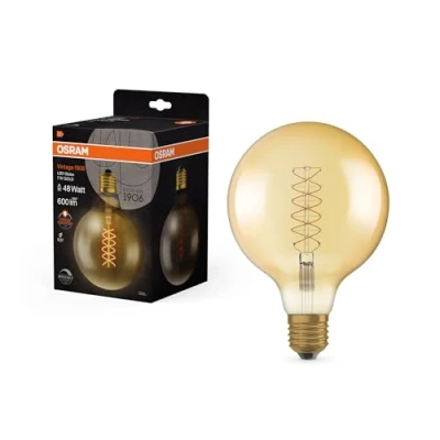 Image de OSRAM Vintage 1906 gold tinted LED lamp, 7W, 600lm, globe shape with 95mm diameter &amp; E27 base, warm white light, spiral filament, dimmable, life of up to 15,000 hours