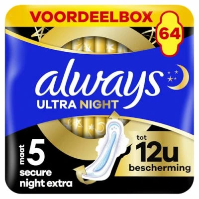 Image de Always Ultra Serviettes Hygiéniques, Taille 5, Extra Secure Night, 64 Avec Ailettes, Flux Très Abondants Nuit, Format Eco, Max Confort, Super Absorbantes et Fines