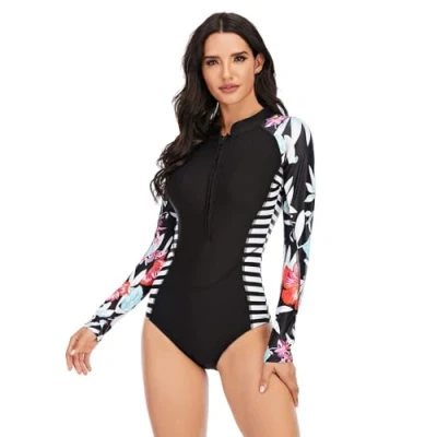 Image de Beachkini Femmes Zip Up Surfwear Maillot de Bain à Manches Longues récréatif Une pièce Rash Guards,04,XXL