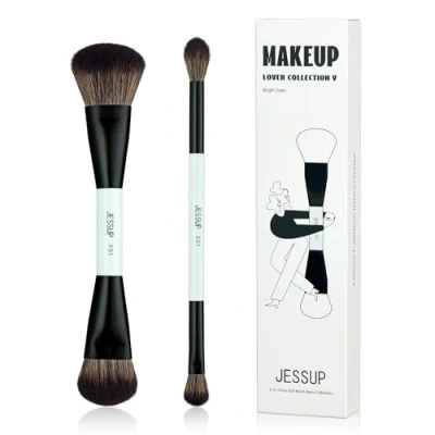 Image de Jessup Pinceaux de Maquillage 2 Pièces Pinceau Fond Teint Double Face Contour Mélange Yeux à Extrémité Cosmétique Multifonctionnel Cyan Brillant T502
