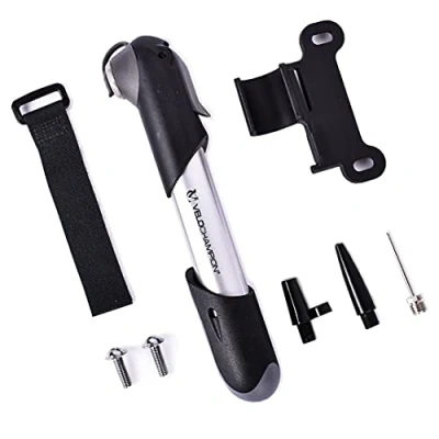 Image de VeloChampion Mini Pompe à vélo Portable, Légère, Compacte avec Support Velo. Embout de Gonflage adaptée aux Valves Presta, Schrader et Dunlop. Velo pour VTT, Route BMX
