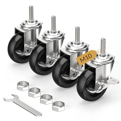 Image de HOLKIE Roulettes pour meubles 75 mm avec freins, M10 x 1,5 30 Lot de 4 pivotantes à tige filetée charge lourde verrouillables Noir
