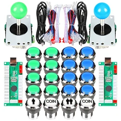 Image de Fosiya 2 Joueurs Arcade Joystick LED Chrome Boutons poussoirs pour PC MAME Raspberry Pi Jeux vidéo Cabinet Pièces (Bleu Vert)