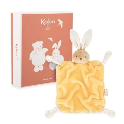 Image de KALOO Doudou Lapin Jaune 24cm Plat Bébé Ultra Doux Fourrure de Flanelle Extra Douce Nœuds avec Fonction Attache Tétine Compagnon Câlin et Educatif Dès la Naissance K214011