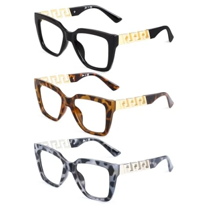 Image de JM 3 Pack Carré Lunettes de Lecture Classiques pour Femme Hommes, Mode Surdimensionné Anti Lumiere Bleue Lunette Vue +3.0