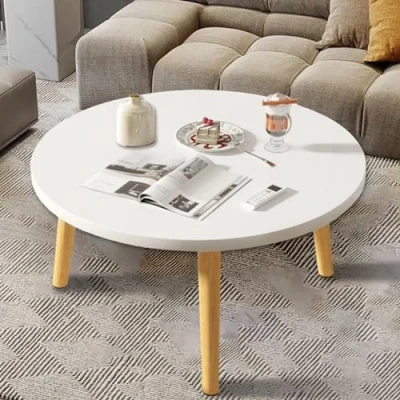 Image de HshDUti Tables basses rondes en bois, table de salle à manger, basse, d&#039;étude avec quatre pieds bois massif pour salon, chambre coucher, 60 x 50 cm, blanc
