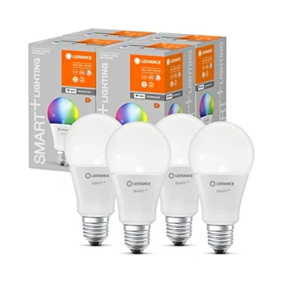 Image de LEDVANCE Lampe LED intelligente avec technologie WiFi, douille E27, dimmable, couleur de la lumière variable (2700 6500K), couleurs RVB modifiables, remplacement 100W, SMART+ multicolore, paquet 4