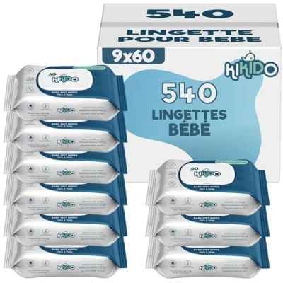 Image de Kikido Lingette Bebe 540 Pièces, 9 Paquets de 60 Lingettes Nettoyantes pour Bébé Produit Hygiène Naissance Humides avec Couvercle Sauve Fraîcheur Lot 9x60