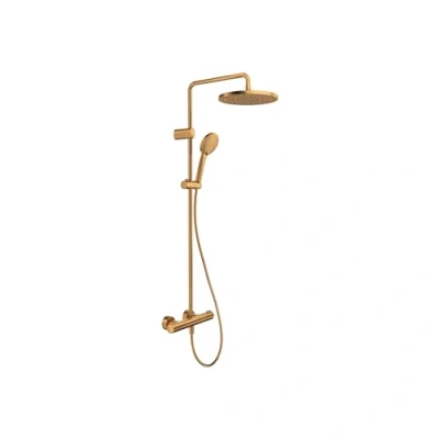 Image de système de douche Duravit, économisant l&#039;eau, tête avec 3 types jets (Rain, Intense Rain, Soft Rain), réglable en angle, set facile à nettoyer, bronze brossé