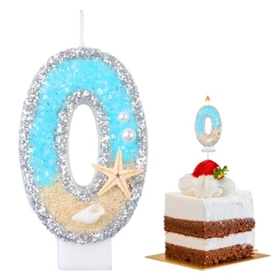 Image de 7.5cm Bougie Chiffre,Bougie Chiffre Anniversaire,Bougie Anniversaire,3D Chiffre,Décoration de Gâteau Pour Anniversaires,Fêtes,Thème Océan étoile Mer Plage, (Numéro 0)