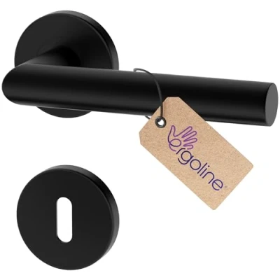 Image de ERGO line LUCA poignée de porte d&#039;intérieur, noire, pour portes d&#039;intérieur à clé, paire poignées sur rosaces rondes, noire mate, garnitures porte,