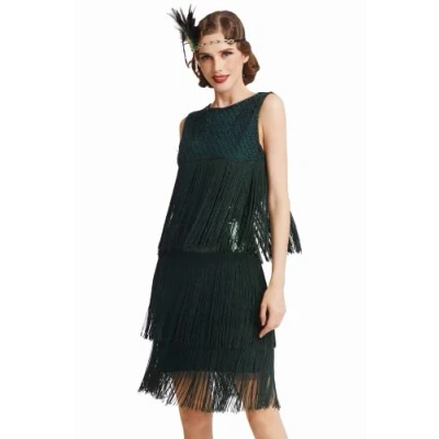 Image de BABEYOBND Robe de Flapper 1920s pour Femme Perlée et Frangée Soirée Vintage du Style Gatsby Art Déci sans Manche Fête Bal Vert Foncé L