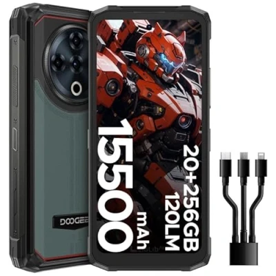 Image de DOOGEE Fire6 Power [2025] Telephone Portable Incassable 15500mAh/33W, 20+256GB, Lampe Torche, Dos en Cuir,Android 14,50MP AI Caméra,6,56 Pouces,Smartphone Incassable,DRML1/NFC/Face ID/OTG/4G Dual SIM