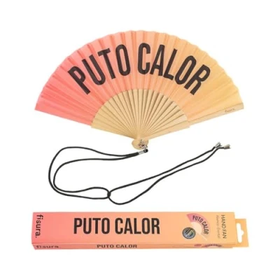 Image de Fisura Éventail Original avec Message “P*to calor. Moderne en Bois et Amusant. dégradé Tons Rouges. Cordon pour éventail. Dimensions : 42,5 x 23 cm.