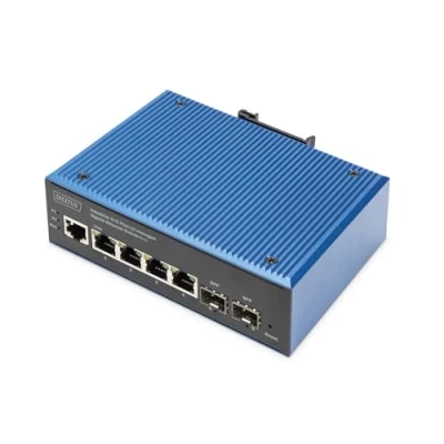 Image de DIGITUS Commutateur réseau PoE 6 Ports Gigabit Ethernet 4X RJ45 + 2X SFP IP40 L2 géré 10/100/1000 Mbit/s Montage sur Rail DIN série Industrielle Noir/Bleu