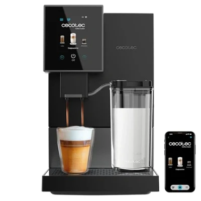 Image de Cecotec Machine à Café Superautomatique Compacte Cremmaet Compactccino Connected Black Silver. 1350W, 19 Bars, Écran, WiFi, Réservoir Lait 400 ml, d’Eau 1,1 L, Nettoyage Automatique