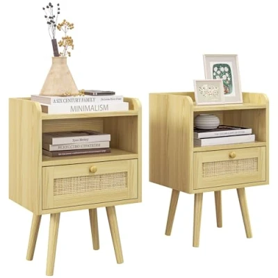 Image de Lot de 2 tables chevet HOMCOM tiroir effet rotin et compartiment ouvert 40 x 30 60 cm bois naturel