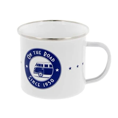 Image de BRISA VW Collection Volkswagen Grande tasse à café en émail avec des motifs colorés (500ml) (Sur la route/Blanc)