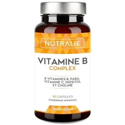 Image de Complexe de Vitamines B + Vitamine C Haute puissance 8 B, C, Inositol, Choline, PABA B1 B2 B3 B5 B6 Biotine (B7) Acide Folique (B9) B12 90 Capsules Nutralie