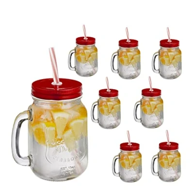 Image de Relaxdays Verre à Cocktails avec Couvercle et Paille Incluse, Lot de 8, 500 ML, Style rétro, Estival, Anse, Rouge