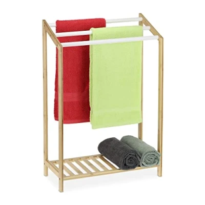 Image de Relaxdays Porte Serviettes sur Pied, Bambou, 3 Barres, étagère, Portant Salle de Bain, HLP: 78x53x24 cm, Nature/Blanc