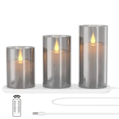 Image de EXTSUD Bougies LED Sans Flamme Rechargeable avec Station de Charge et Télécommande, Lot 3 Décoratives Clignotante en Verre Minuterie pour Fête, Anniversaire, Mariage (Gris)