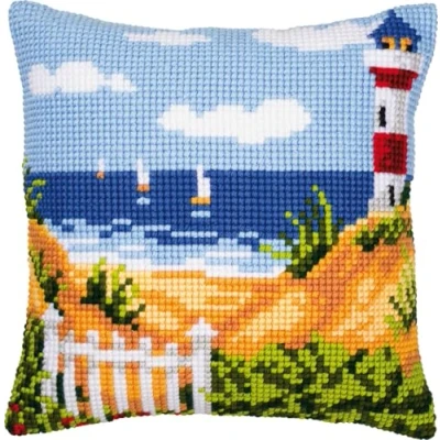 Image de Vervaco Kit coussin au point de croix La plage phare ,40 x 40 cm, Écru