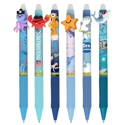 Image de Online magiXX Fun Sea World Lot de 6 stylos à encre gel effaçables avec une épaisseur trait 0,7 mm I Stylo bille effaçable pour apprendre écrire, bureau Compatible Frixion Mine