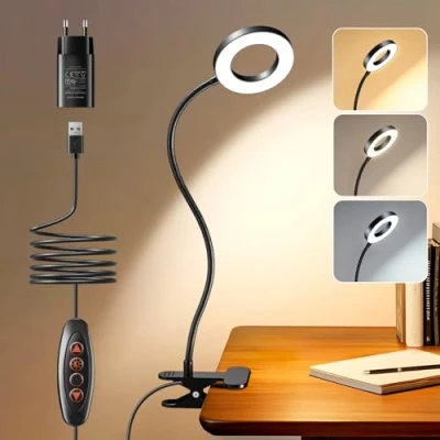 Image de One Fire 48 LED Lampe de Bureau avec 10W Adaptateur, 3Modes 10 Niveaux Lecture, 40cm 360 Flexible Chevet Table, 1.5M USB Dimmable Lecture Pince