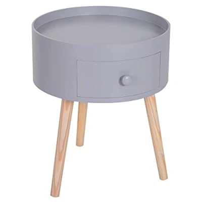 Image de HOMCOM Table Basse de Chevet Nuit Ronde Design scandinave d&#039;appoint Bout canapé avec tiroir Pieds effilés inclinés Bois Massif chêne Clair Gris