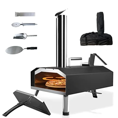 Image de Four a Pizzas extérieurs à bois: KitchenBoss aciers inoxydables portable grille pizza avec pierre tournante de jardin granulés Combustible approprié : granulés, Charbon et briquettes
