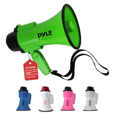 Image de PYLE Haut Parleur Mégaphone Compact à Piles avec Sirène Porte Voix 30 watts, Microphone,2 modes, Sonorisation PA, Poignée Pliable pour Cheerleading et Usage policier (Vert)