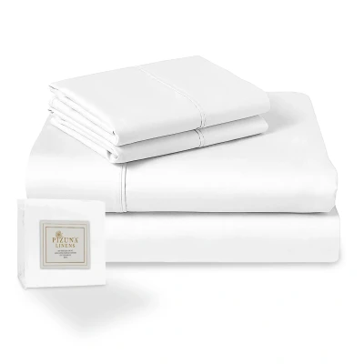 Image de Pizuna 400 Fils Coton Draps Set 180x200 Blanc, 4pc 100% À Longues Fibres Parure de lit Satin Doux Comprend 1 Drap Housse, Plat &amp; 2 Taies D&#039;oreiler.
