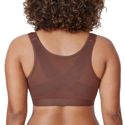 Image de DELIMIRA Soutien Gorge Fermeture Devant sans Armature Grande Taille Correcteur de Posture Non Rembourré Violette Marron 95C