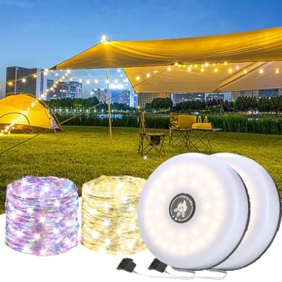 Image de Guirlande Lumineuse de Camping 2 pièces, 8 Modes D&#039;éclairage,2000mAh,Dure Jusqu&#039;à 7 Heures, Extérieure Portable Rechargeable Pour Camping, Cour, Randonnée, Décoration, Noël (10M)