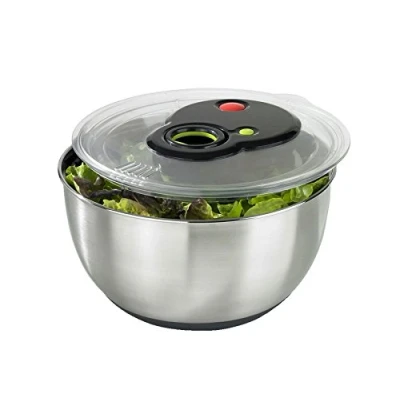 Image de Emsa Turboline Essoreuse à salade 4,5 L, Bol en inox pour un service stylé, Fentes de drainage intégrées, Bouton turbo essorage express, Base antiadhérente, Compatible lave vaisselle 513441