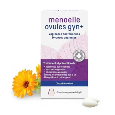 Image de Menoelle 10 Ovules Vaginaux Gyn+ Traitement Vaginose Bactérienne &amp; Mycose Vaginale Naturel Sans Hormones Restauration Flore Intime Ménopause Dispositif Médical