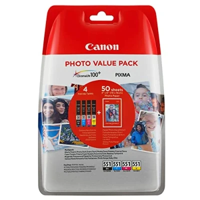 Image de Canon CLI 551 Cartouches BK/C/M/Y Multipack Noir, Cyan, Magenta, Jaune + Pack de 50 feuilles papier photo PP 201 10x15cm (Emballage plastique)